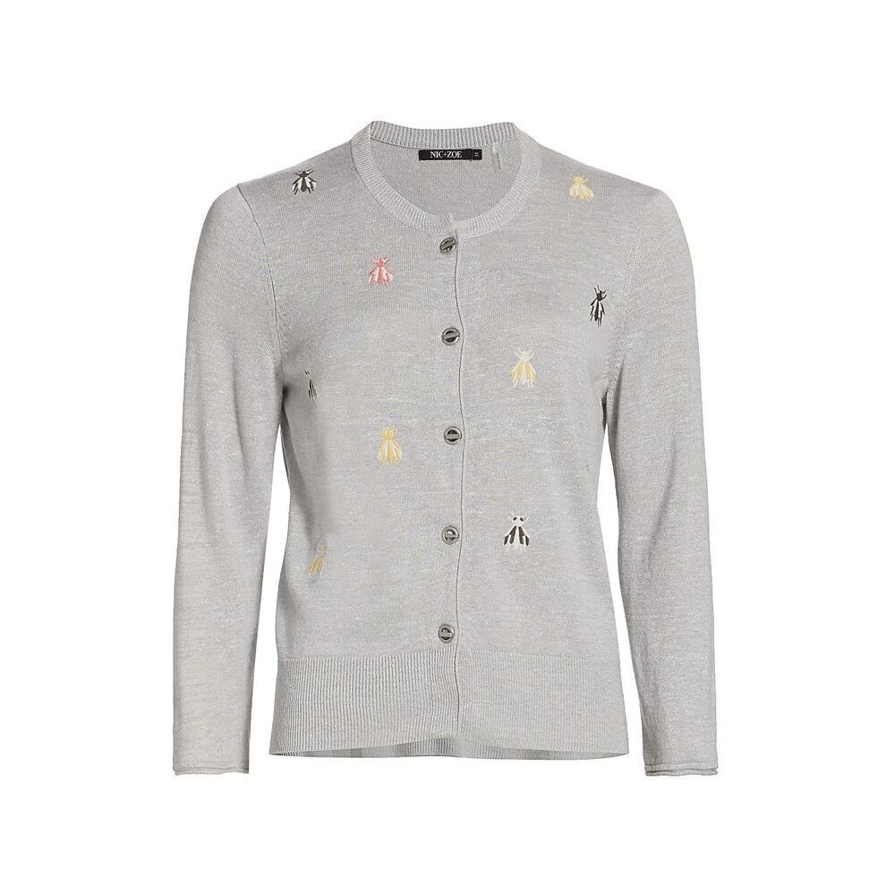 NIC + ZOE Busy Bee Embroidered Cardigan Grey Linen Blend M - Picture 4 of 14